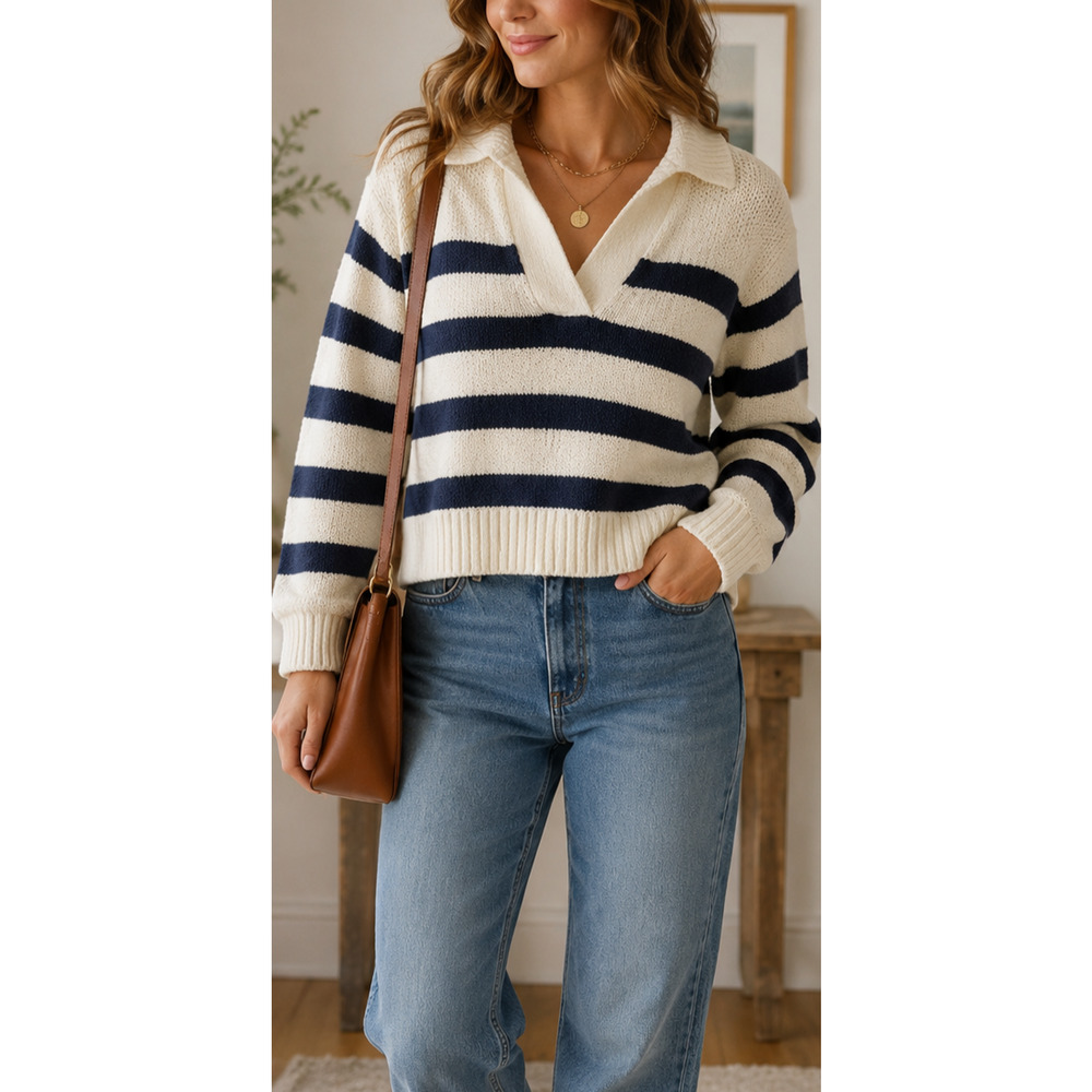 Maeve Anthropologie Striped Collared Sweater Womens L Ivory Blue Nautical Knit